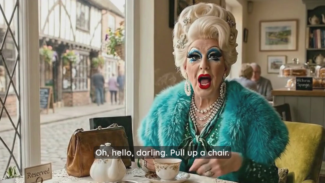 A glamorous older drag queen named Gilda Glitterwell, with towering platinum hair and a teal sequined cardigan, sits in a sunlit traditional tea shop. She speaks warmly to the camera while sitting with a tea cup and saucer, ending with a friendly smile and a wink